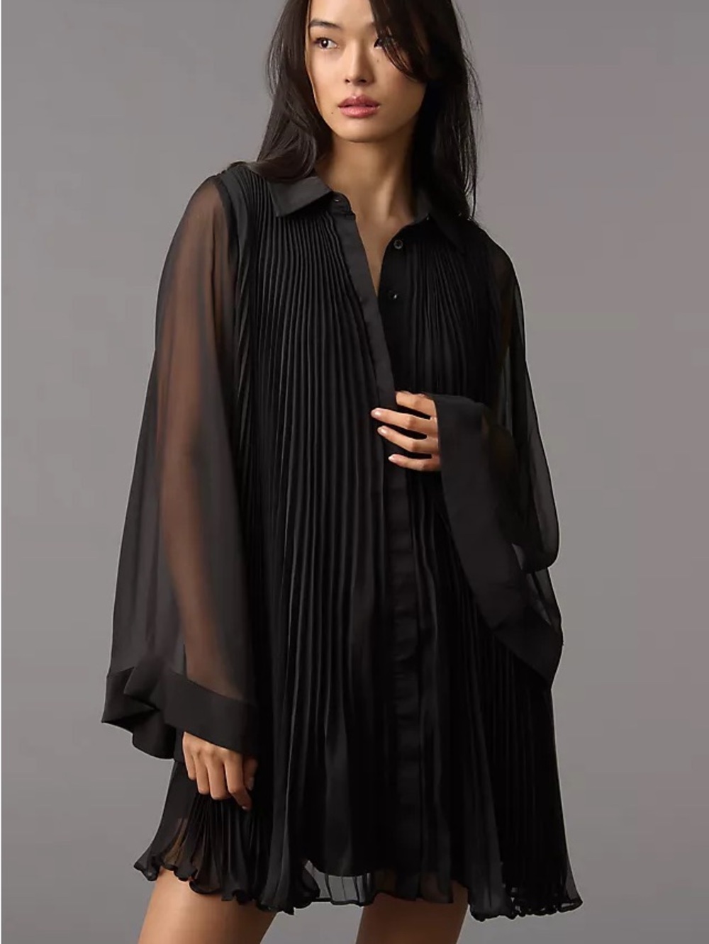 Anthropologie Maeve Long Sleeve Pleated Mini Shirt Dress Size Large